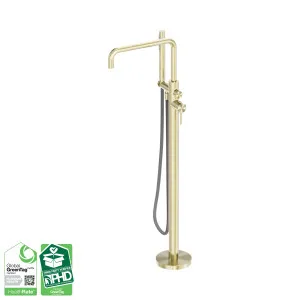 Zen SS316L Freestanding Bath Mixer With Outdoor Shower Hose Brushed Gold by NERO, a Shower Heads & Mixers for sale on Style Sourcebook