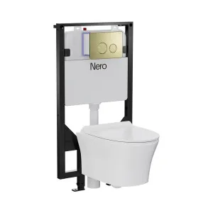 Signature Hygiene Rim Wall Hung Pan With CrystaSleek Seat With R&T In-wall Cistern and Push Plate Brushed Gold by NERO, a Toilets & Bidets for sale on Style Sourcebook