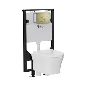 Signature Hygiene Rim Wall Hung Pan With R&T In-wall Cistern and Push Plate Brushed Gold by NERO, a Toilets & Bidets for sale on Style Sourcebook