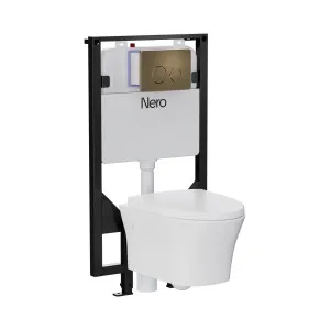Signature Hygiene Rim Wall Hung Pan With R&T In-wall Cistern and Push Plate Tumbled Antique Brass by NERO, a Toilets & Bidets for sale on Style Sourcebook