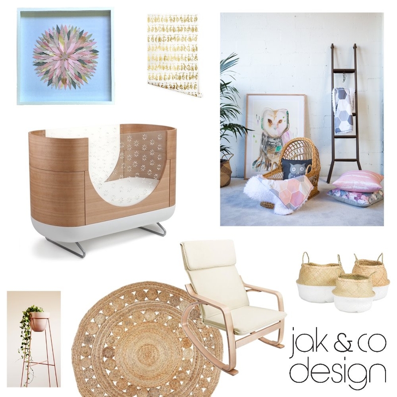 Natural, Pink &amp; Gold Nursery Mood Board by jakandcodesign on Style Sourcebook
