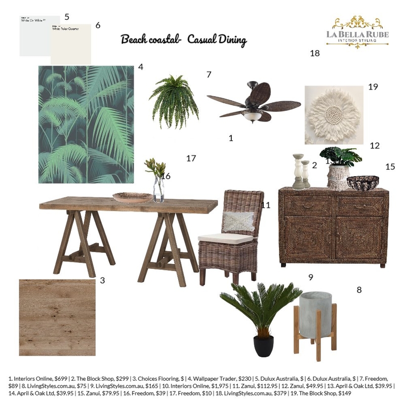 Beach coastal- casual dining Mood Board by La Bella Rube Interior Styling on Style Sourcebook