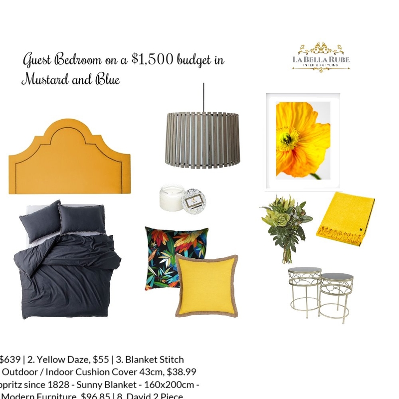 guest bedroom on a $1,500 budget in mustard and blue Mood Board by La Bella Rube Interior Styling on Style Sourcebook