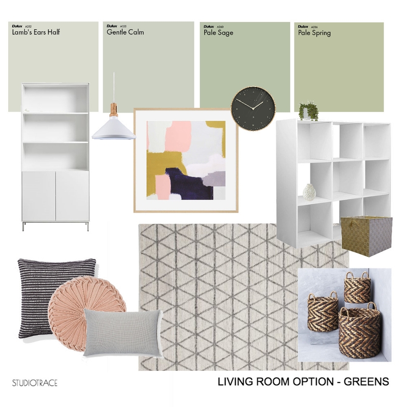 LIVING ROOM OPTION 1 - GREENS Mood Board by Studiotrace on Style Sourcebook