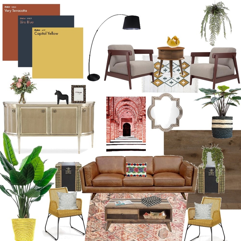 Terracotta mustard and blue Interior Design Mood Board by