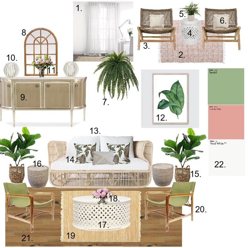 Coastal Pink &amp; Green Living Mood Board by Elements Aligned Interior Design on Style Sourcebook