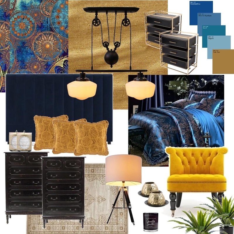 Exotic Blue Gold Bedroom Mood Board by PaigeS on Style Sourcebook