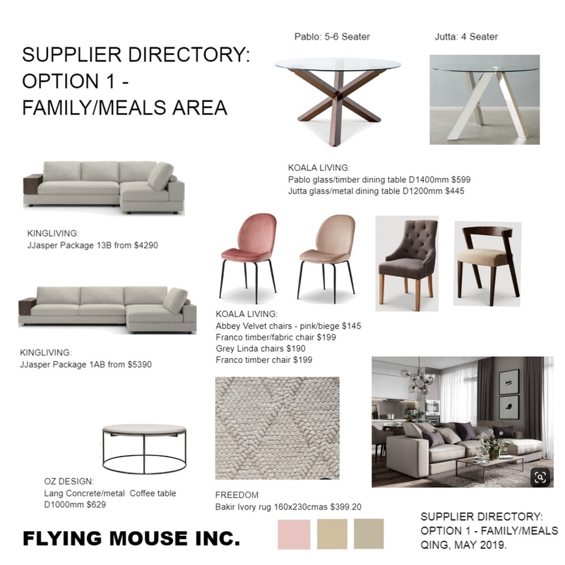 Opt 1- Family/Meals area suppliers Mood Board by Flyingmouse inc on Style Sourcebook
