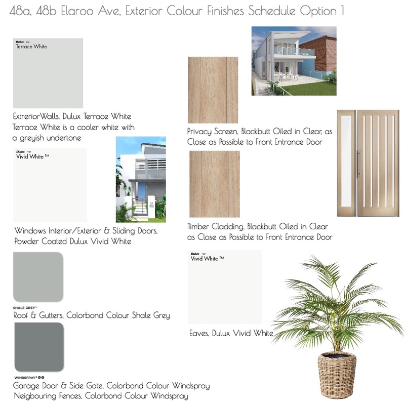 48a, 48b Elaroo Ave, Exterior Colour Finishes Schedule Option 1 Mood Board by Design Divine on Style Sourcebook
