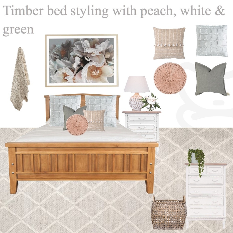 Timber bed with apricot and white styling Mood Board by My Interior Stylist on Style Sourcebook