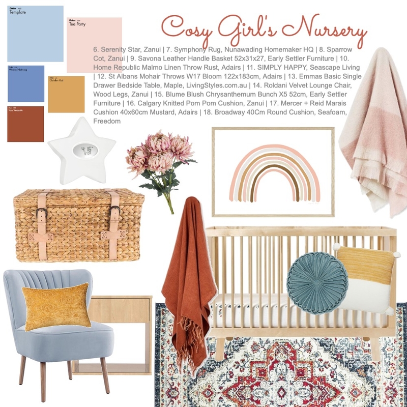 Rust, Blue and Blush Nursery Mood Board by Kingfisher Bloom Interiors on Style Sourcebook