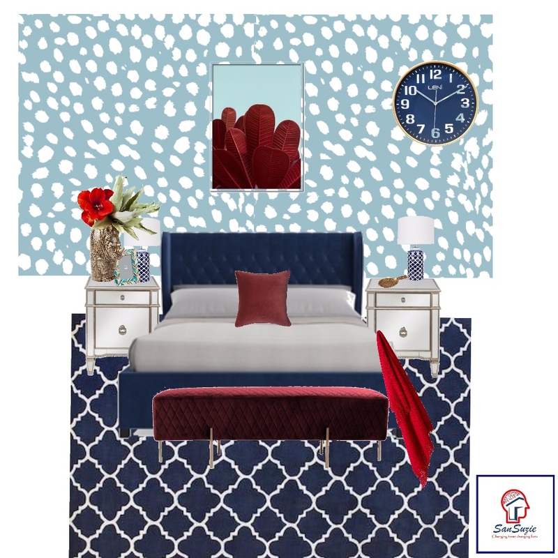 blue hues and pop of reddish Mood Board by san on Style Sourcebook