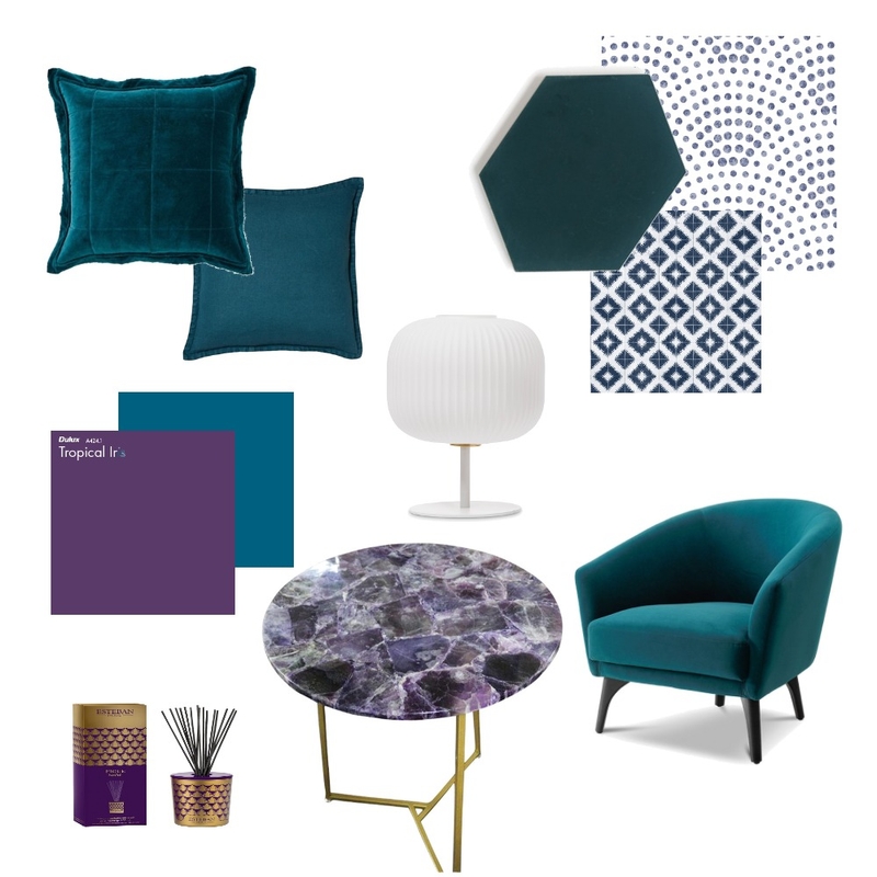 Blu pavone e viola Mood Board by homedecordetails on Style Sourcebook