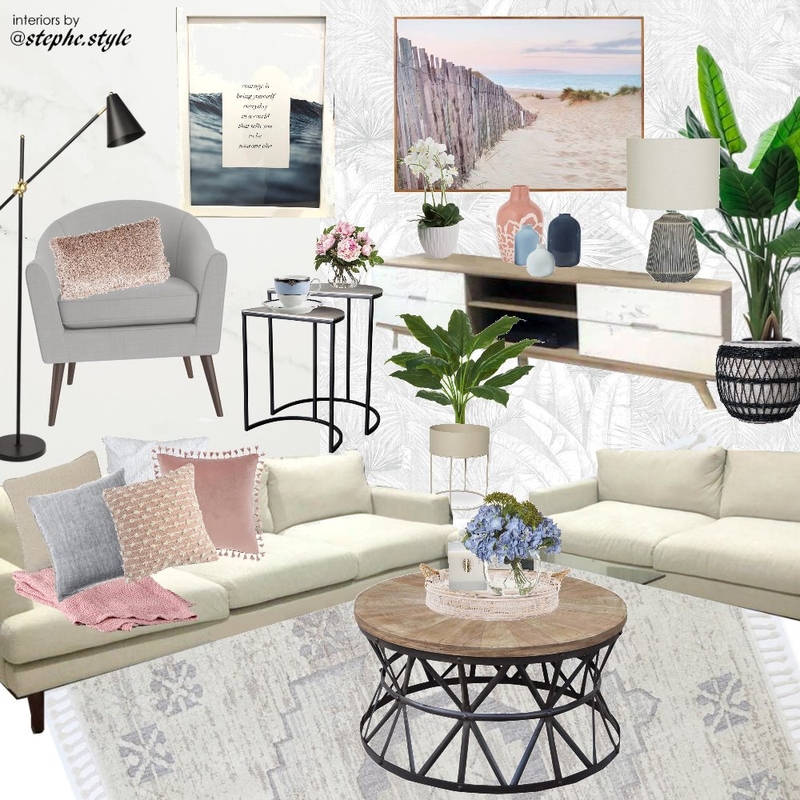 living room blue pink white black Mood Board by stephc.style on Style Sourcebook