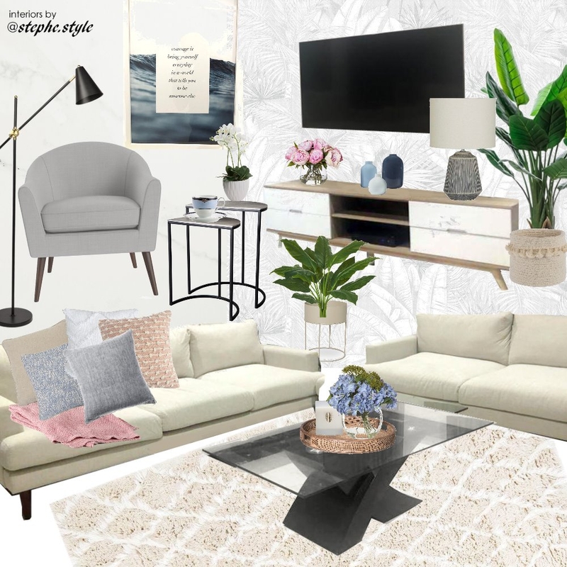 living room blue pink white black with tv Mood Board by stephc.style on Style Sourcebook