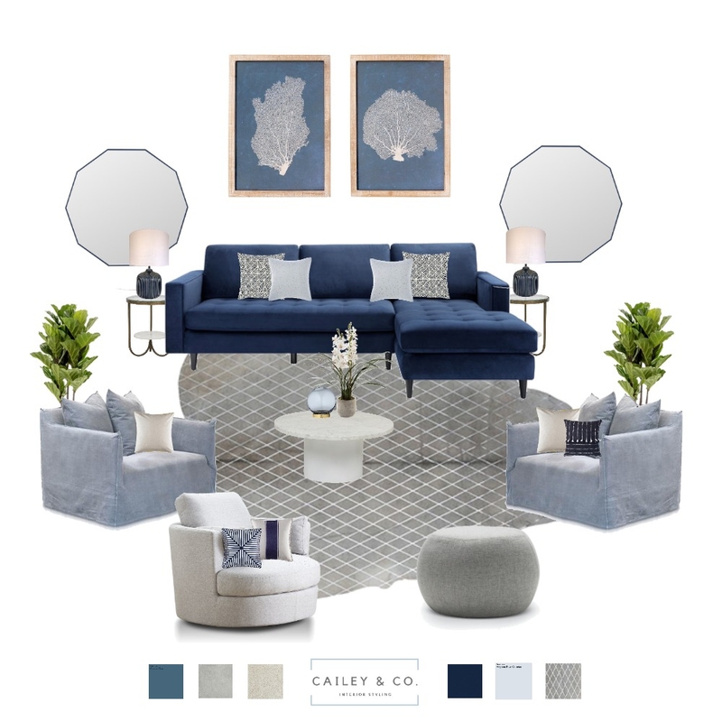 Navy Blue Inspired Living Room Mood Board by Cailey & Co. Interior Styling on Style Sourcebook