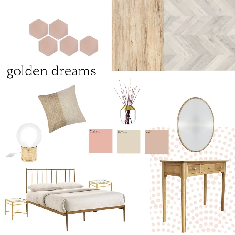 gold-pink bedroom Mood Board by dafnagr on Style Sourcebook