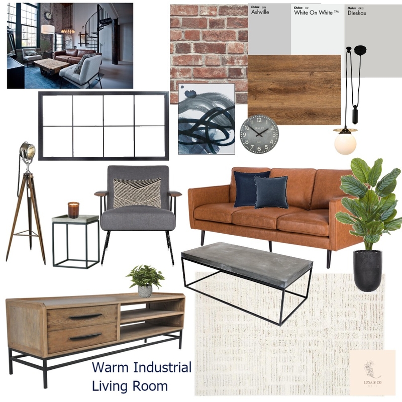 Warm Industrial Living Room Mood Board by Luna & Co Interiors on Style Sourcebook