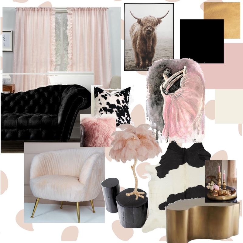 Pink Gold and Black cow inspired living room Mood Board by 77Snowman on Style Sourcebook