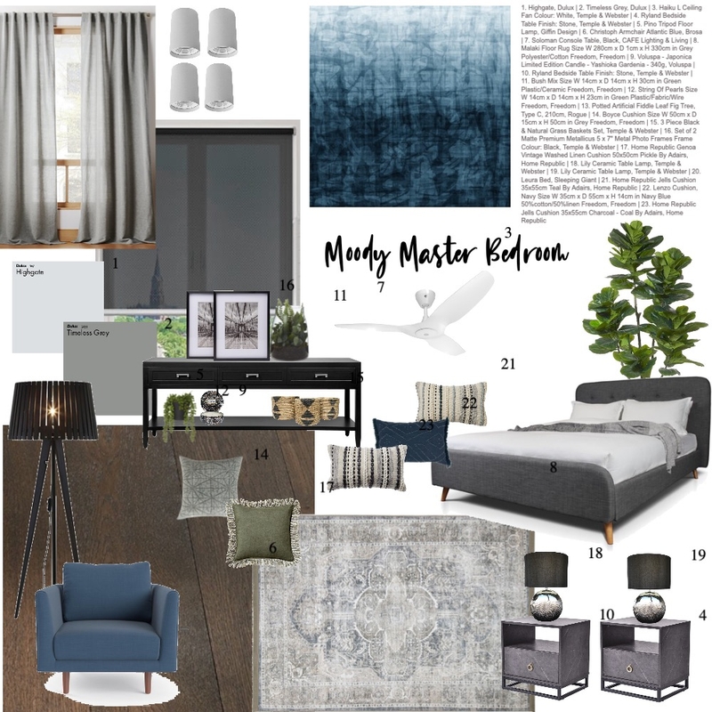 Mod 9 Moody Masterbedroom Mood Board by hknights on Style Sourcebook