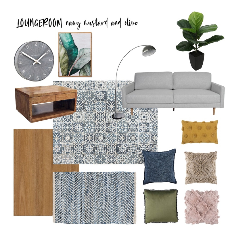 Loungeroom with navy, mustard and olive Mood Board by CharissaLyons on Style Sourcebook