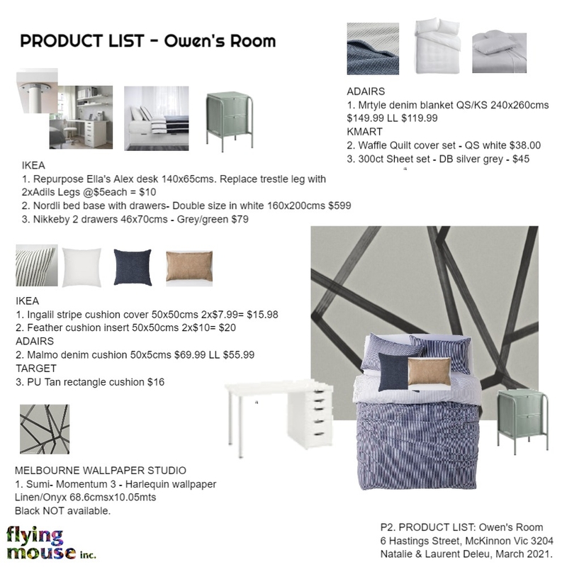 P2. Product list- Owen's room Mood Board by Flyingmouse inc on Style Sourcebook
