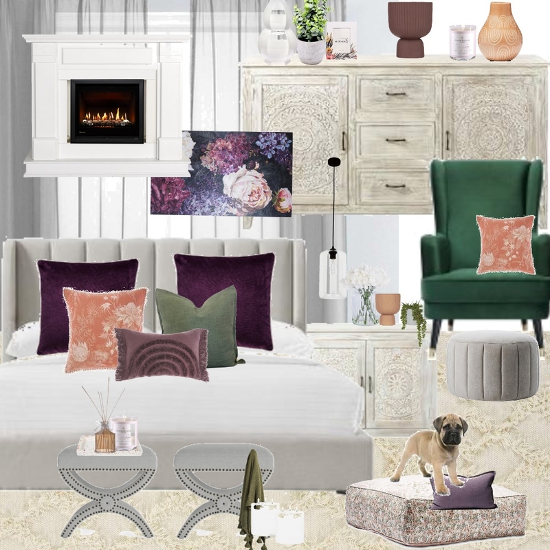 Client Moodboard - bedroom , apricot, plum & green Mood Board by dunscombedesigns on Style Sourcebook