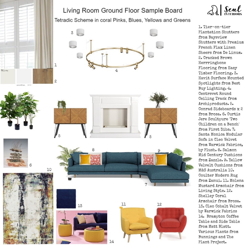 Tetradic MCM Living Room in Blues, Yellows, Corals and Greens Mood Board by Seal Interiors on Style Sourcebook