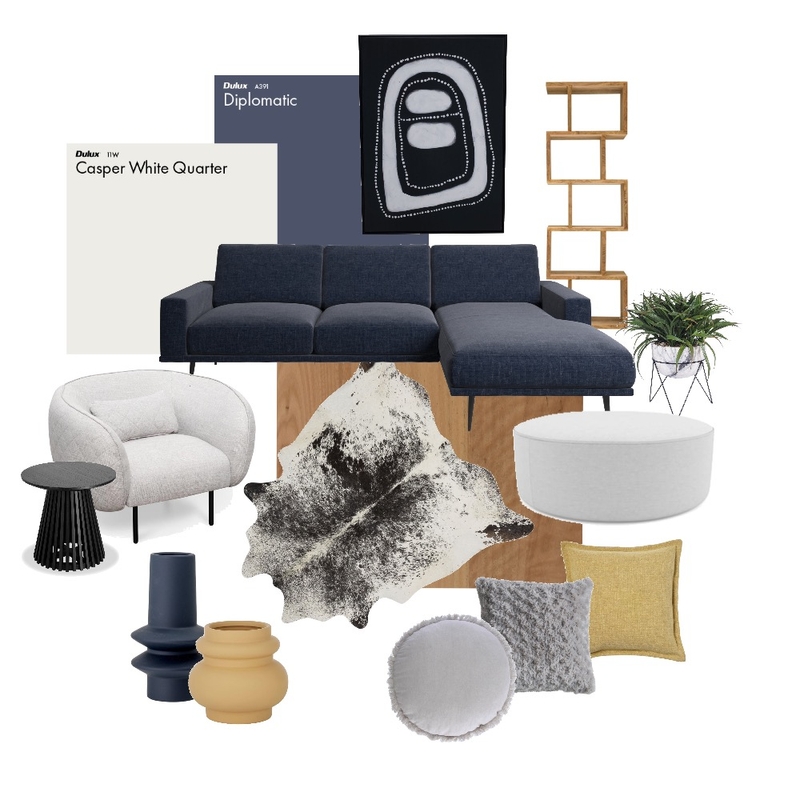 Contemporary blue+mustard living Mood Board by Stella George Design on Style Sourcebook