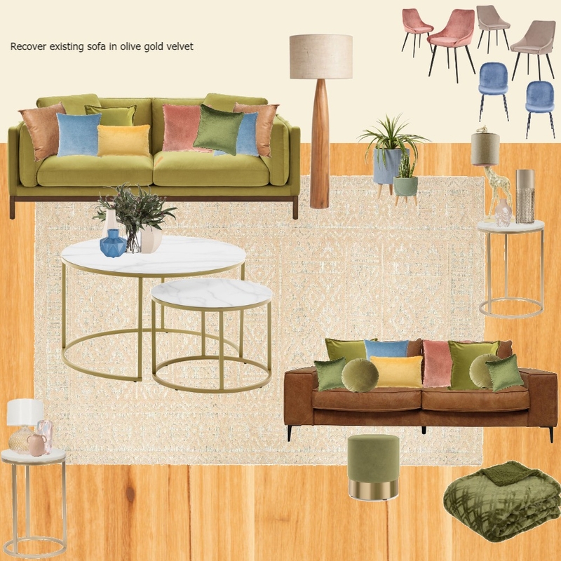 olive Velvet lounge - beige rug with blue tables Mood Board by randomly_chaotic on Style Sourcebook