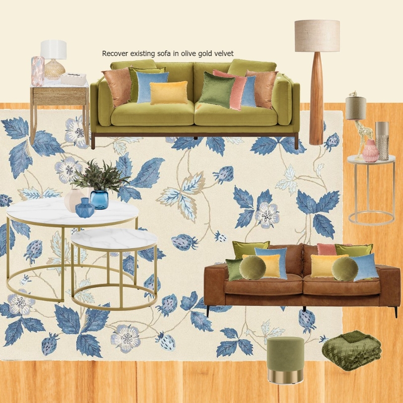 olive Velvet lounge - strawberry rug with blue other Mood Board by randomly_chaotic on Style Sourcebook