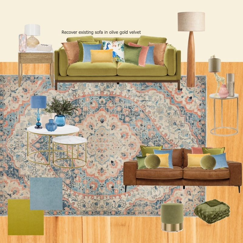 olive Velvet lounge - blue orange rug fabrics Mood Board by randomly_chaotic on Style Sourcebook