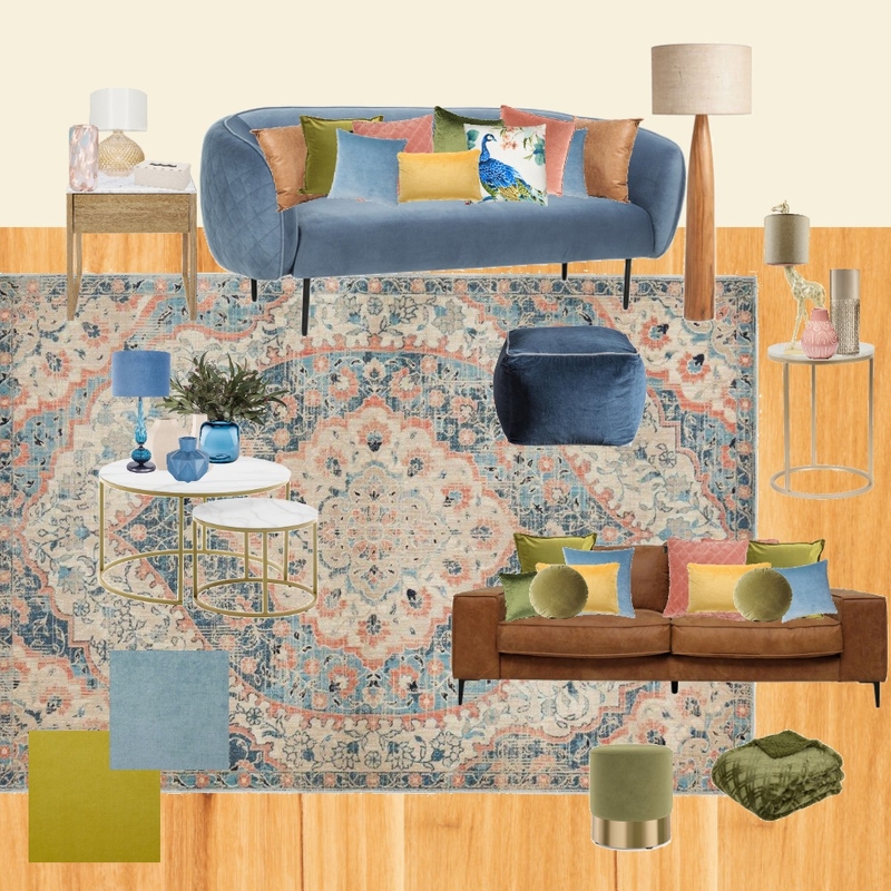 blue Velvet lounge - blue orange rug fabrics Mood Board by randomly_chaotic on Style Sourcebook