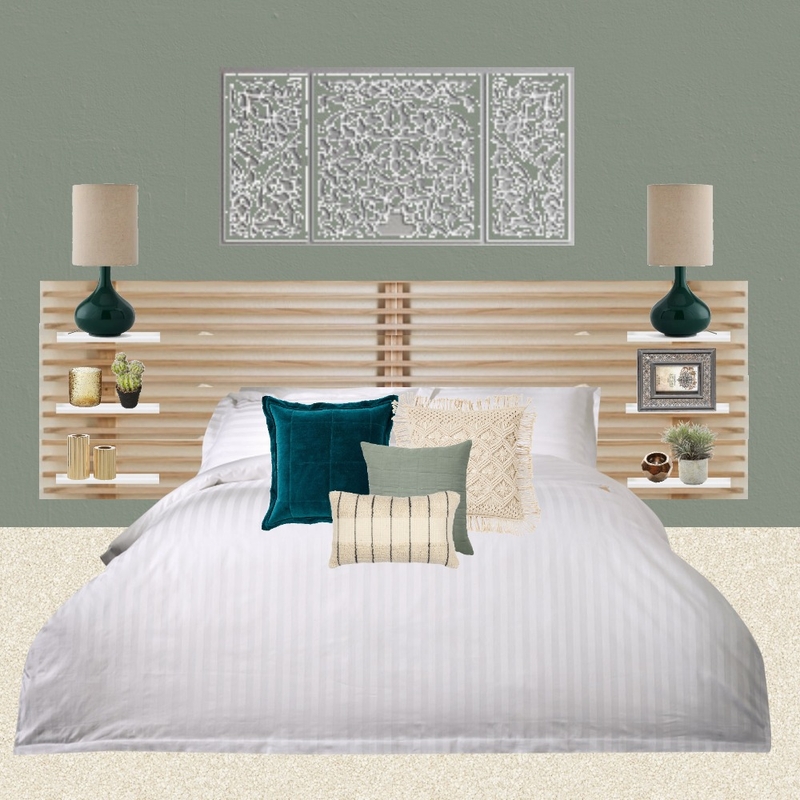 Julie Herbain bed 2 green with wood wall art Mood Board by Laurenboyes on Style Sourcebook