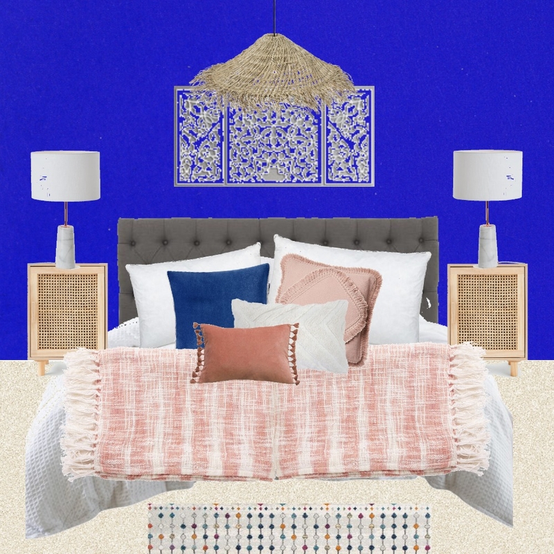 Julie Herbain bed 1 with white lamps and wood wall art and pendant Mood Board by Laurenboyes on Style Sourcebook