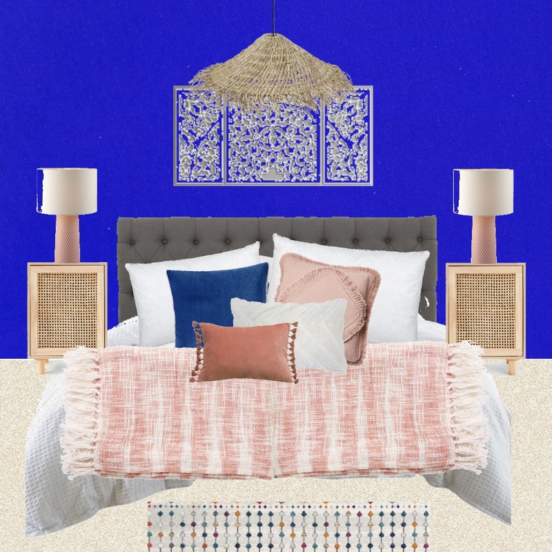 Julie Herbain bed 1 with peach lamps and wood wall art and pendant Mood Board by Laurenboyes on Style Sourcebook