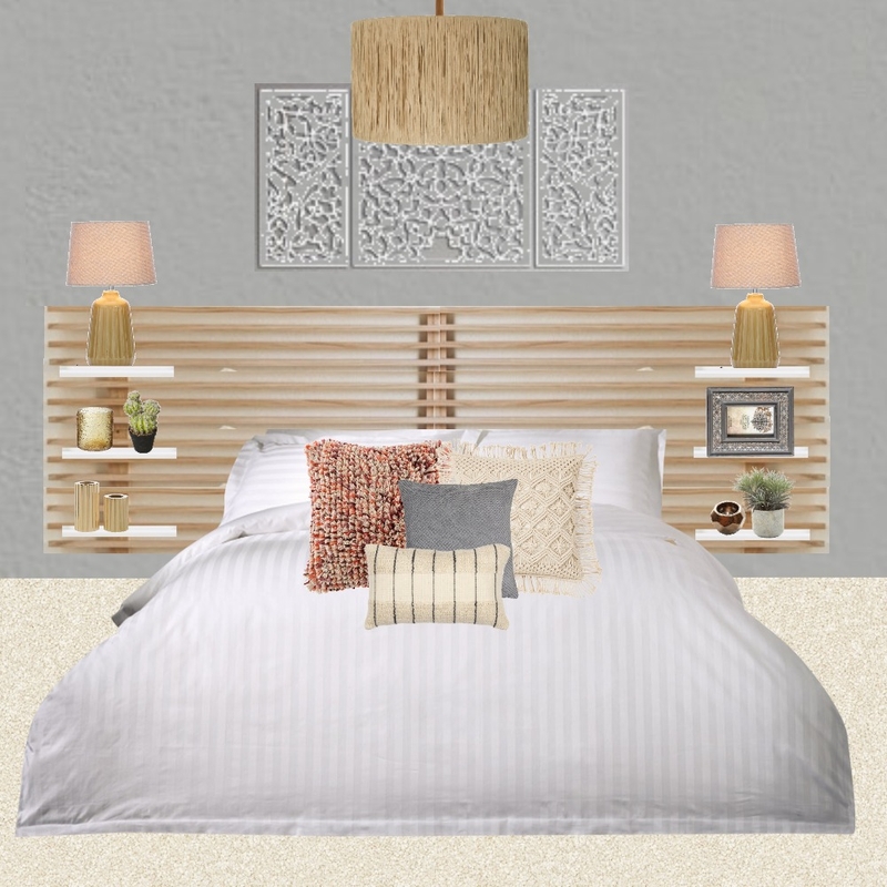 Julie Herbain bed 2 grey wall with wall art, ochre lamps and pendant Mood Board by Laurenboyes on Style Sourcebook