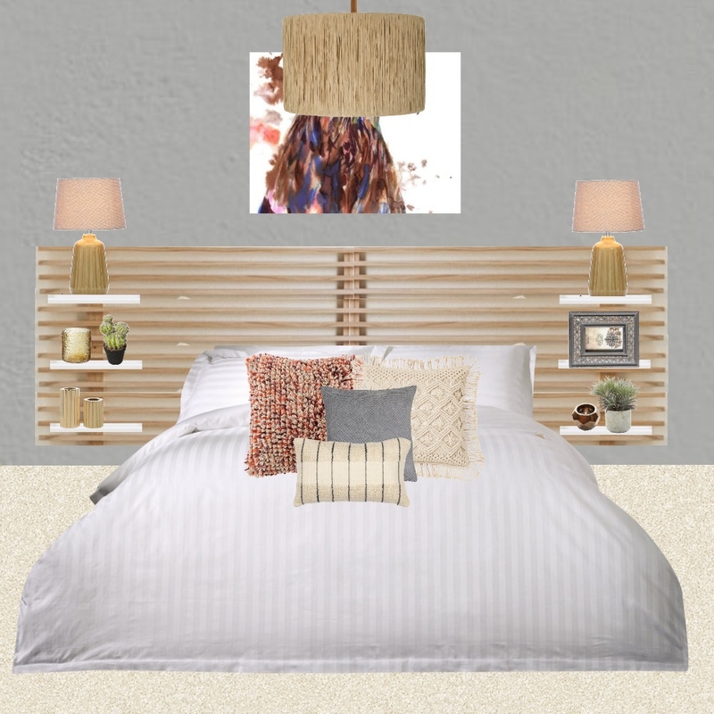Julie Herbain bed 2 grey wall with eagle picture, ochre lamps and pendant Mood Board by Laurenboyes on Style Sourcebook