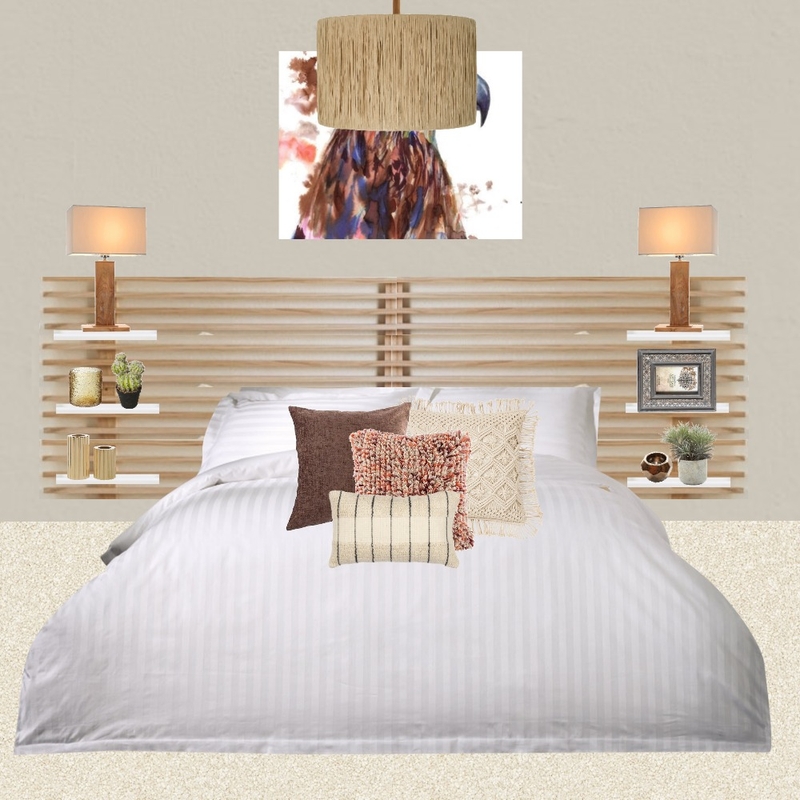 Julie Herbain bed 2 greige wall with eagle picture, brown lamps and pendant Mood Board by Laurenboyes on Style Sourcebook