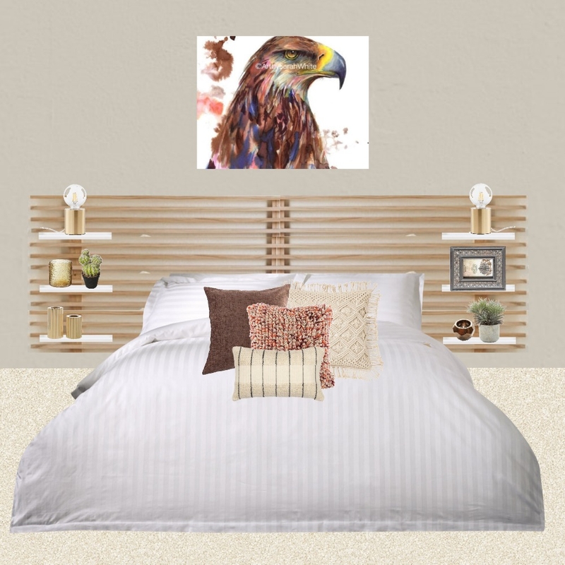 Julie Herbain bed 2 greige wall with eagle picture and filament lamps Mood Board by Laurenboyes on Style Sourcebook