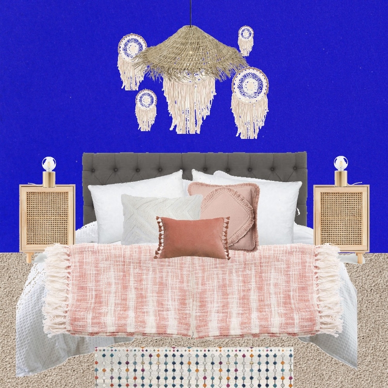 Julie Herbain bed 1 with filament lamps and dream catchers and hat lampshade, minus blue cushion and pinky carpet Mood Board by Laurenboyes on Style Sourcebook