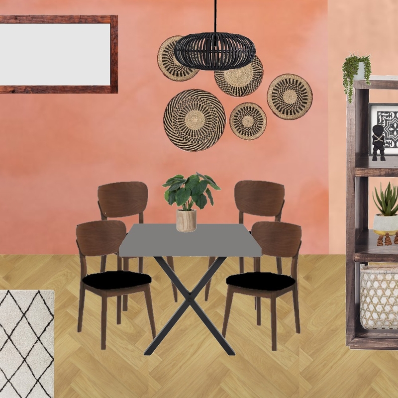 Julie Herbain dining room gerbera wall with baskets, black pendant, cross table legs, black chair pads and brown Kallax Mood Board by Laurenboyes on Style Sourcebook