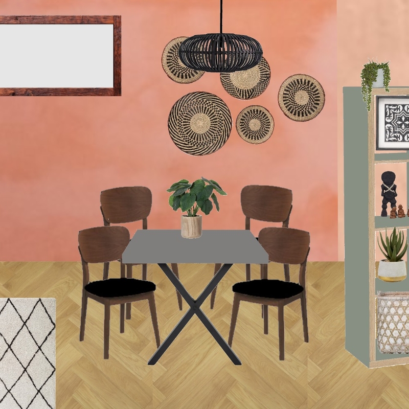 Julie Herbain dining room gerbera wall with baskets, black pendant, cross table legs, black chair pads and sage green Kallax Mood Board by Laurenboyes on Style Sourcebook