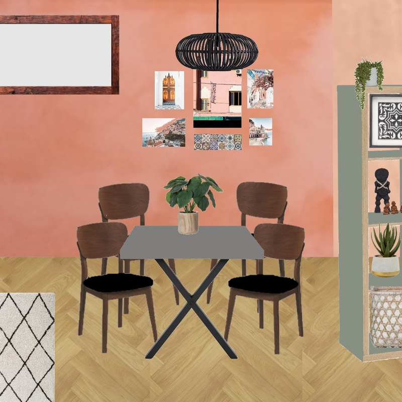 Julie Herbain dining room gerbera wall with travel pictures, black pendant, cross table legs, black chair pads and sage green Kallax Mood Board by Laurenboyes on Style Sourcebook