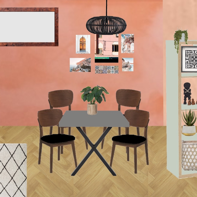 Julie Herbain dining room gerbera wall with travel pictures, black pendant, cross table legs, black chair pads and Coat detox green Kallax Mood Board by Laurenboyes on Style Sourcebook