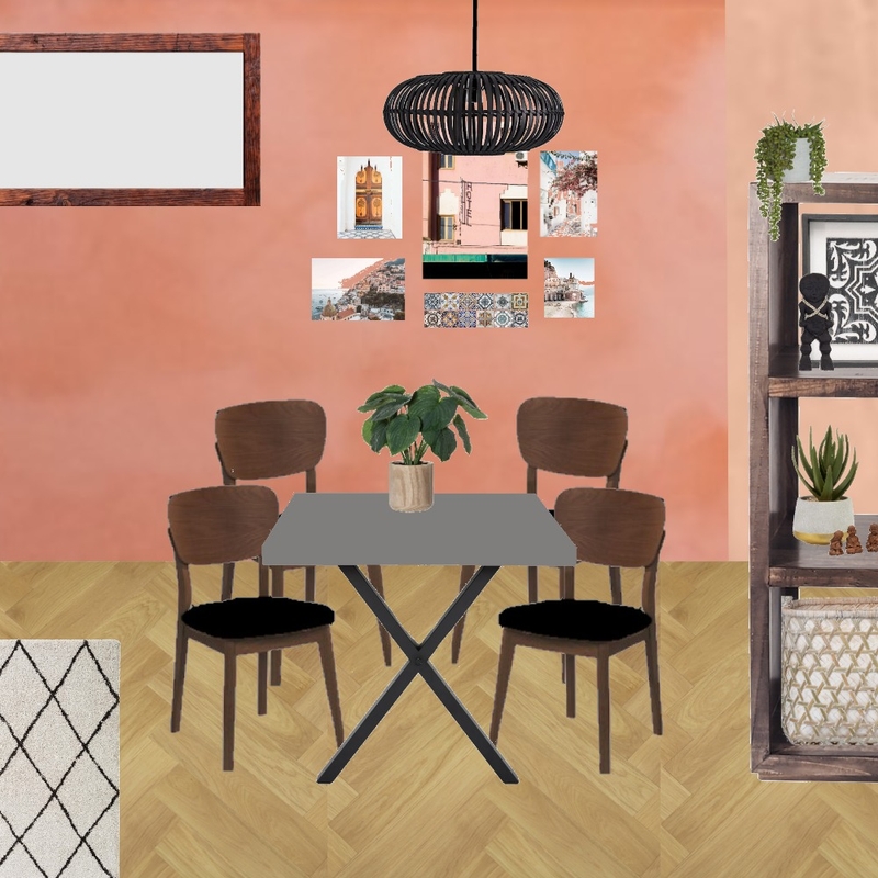 Julie Herbain dining room gerbera wall with travel pictures, black pendant, cross table legs, black chair pads and brown Kallax Mood Board by Laurenboyes on Style Sourcebook
