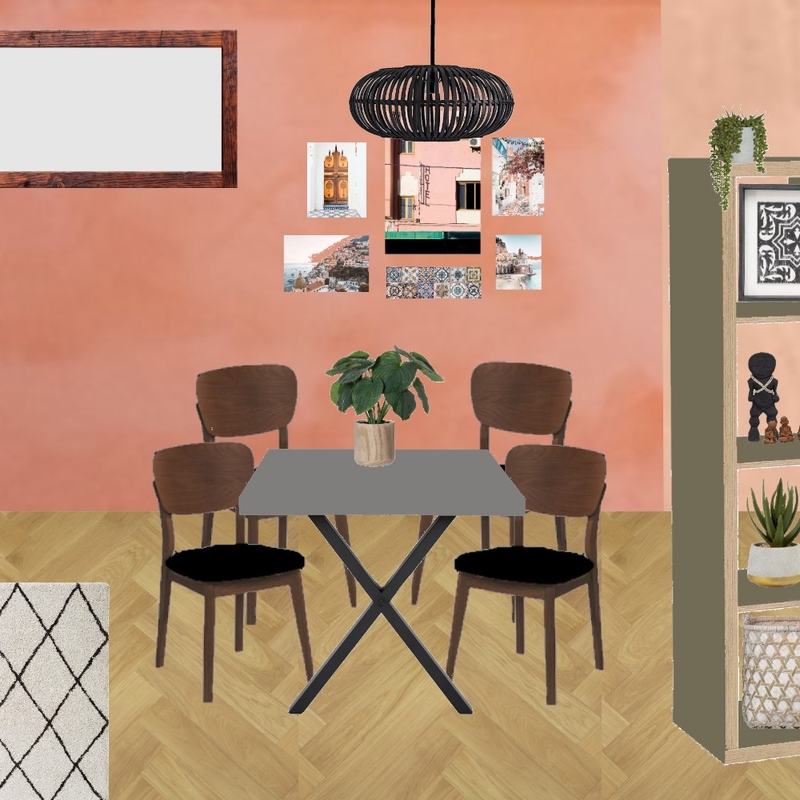 Julie Herbain dining room gerbera wall with travel pictures, black pendant, cross table legs, black chair pads and Coat Darlington Kallax Mood Board by Laurenboyes on Style Sourcebook