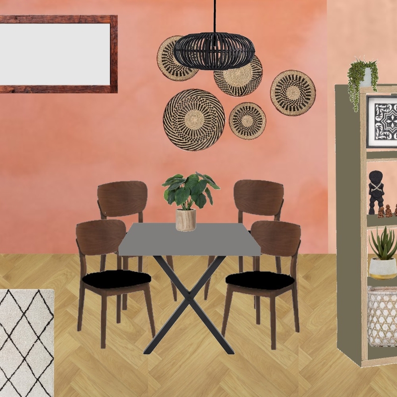 Julie Herbain dining room gerbera wall with baskets, black pendant, cross table legs, black chair pads and Coat Darlington Kallax Mood Board by Laurenboyes on Style Sourcebook