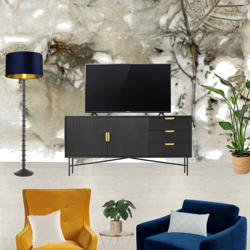 Saira - TV wall view with navy snuggle and mustard armchair + birch leaves wallpaper Mood Board by Laurenboyes on Style Sourcebook