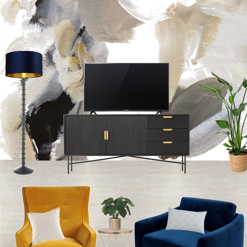 Saira - TV wall view with navy snuggle and mustard armchair + wall mural Mood Board by Laurenboyes on Style Sourcebook